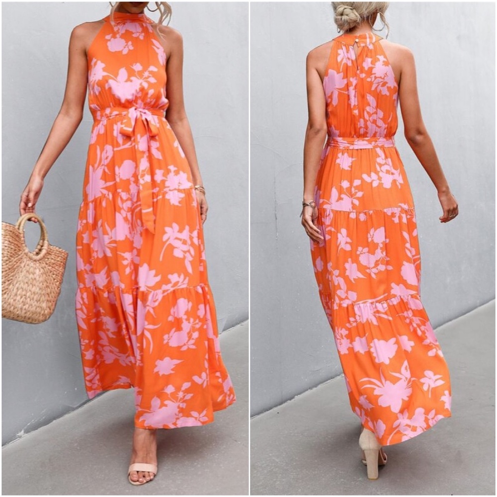 Boho Orange Floral Print Halter Maxi Dress Cottagecore - Picture 2 of 3
